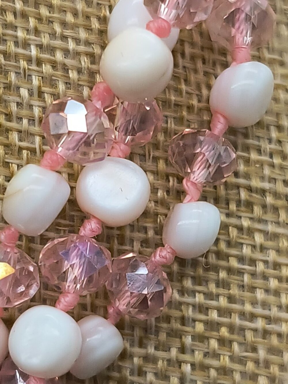Vintage Hand-Knotted Multi-Strand White Stone & Pink Glass Beaded Necklace